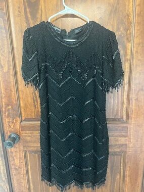 Black Beaded Short Sleeve Mini Dress
